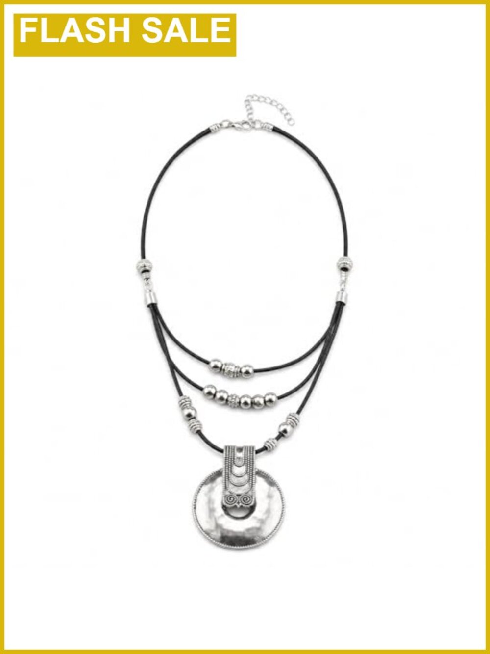 Boho Layered Choker Necklace Black Cord Silver-Tone Disc